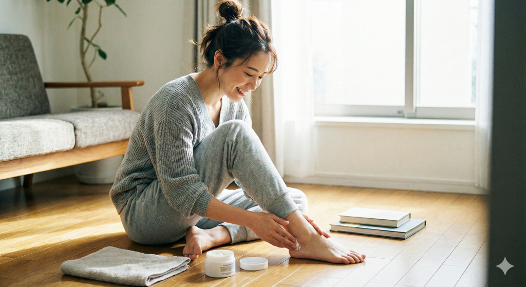 かかとにクリームを塗る女性