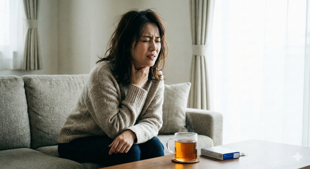 喉の痛みを我慢ずる女性