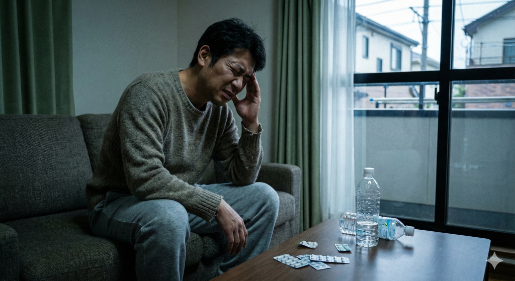 片頭痛で苦しむ中年男性