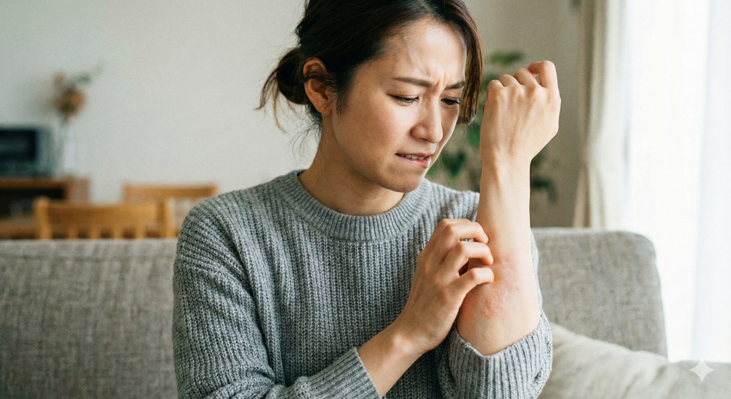 かゆみを我慢する女性