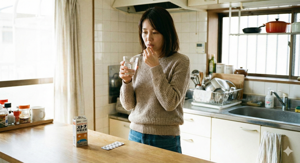 咳止めを飲む女性