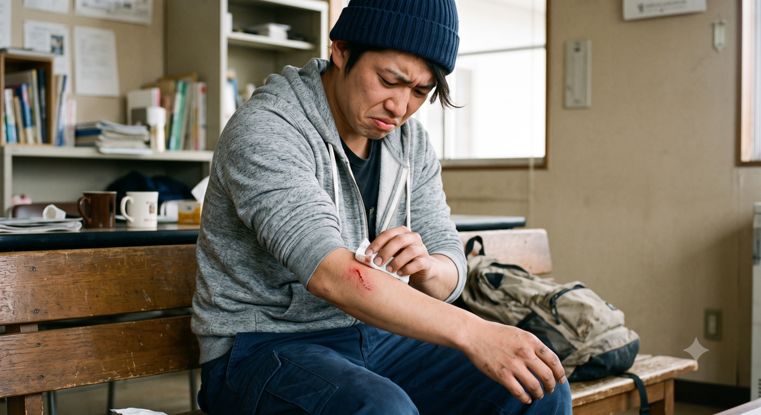擦り傷が痛い男性